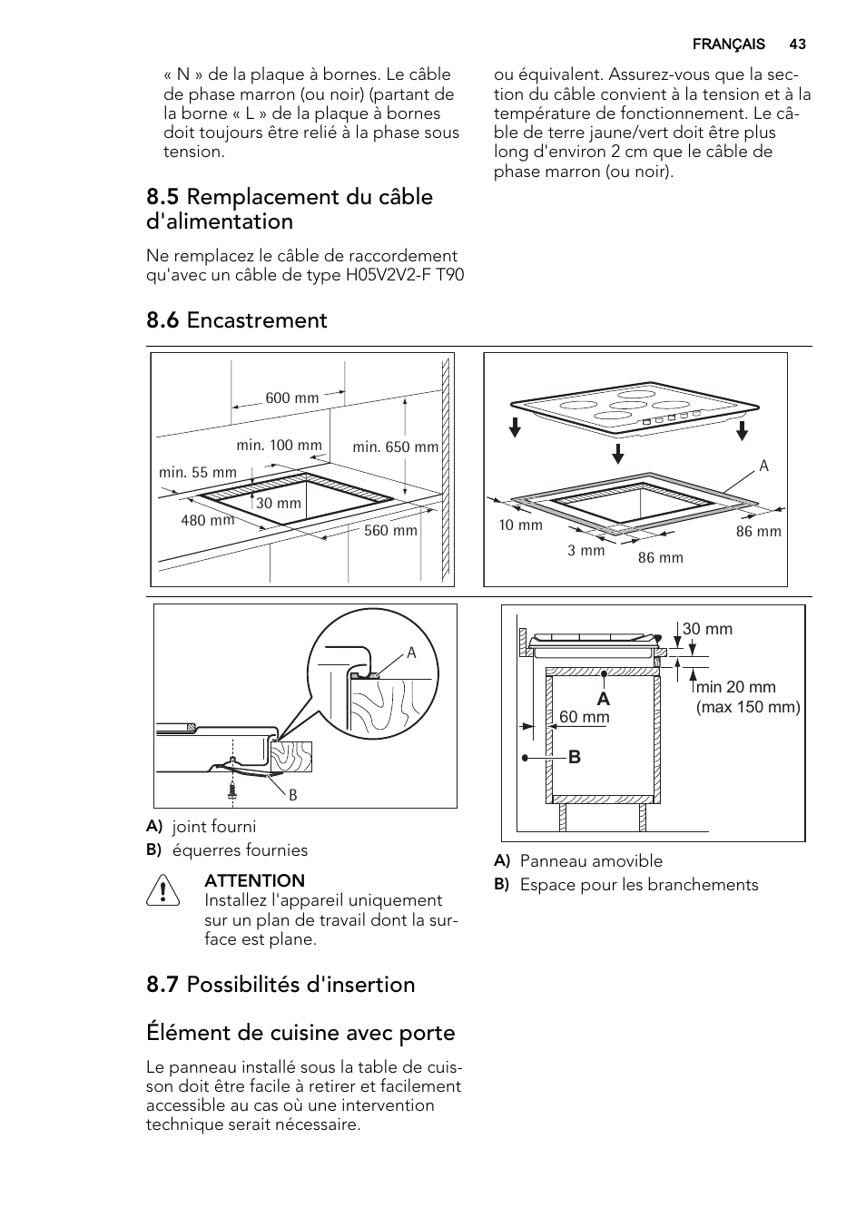 5 remplacement du câble d'alimentation, 6 encastrement | AEG HG654440SM User Manual | Page 43 / 64