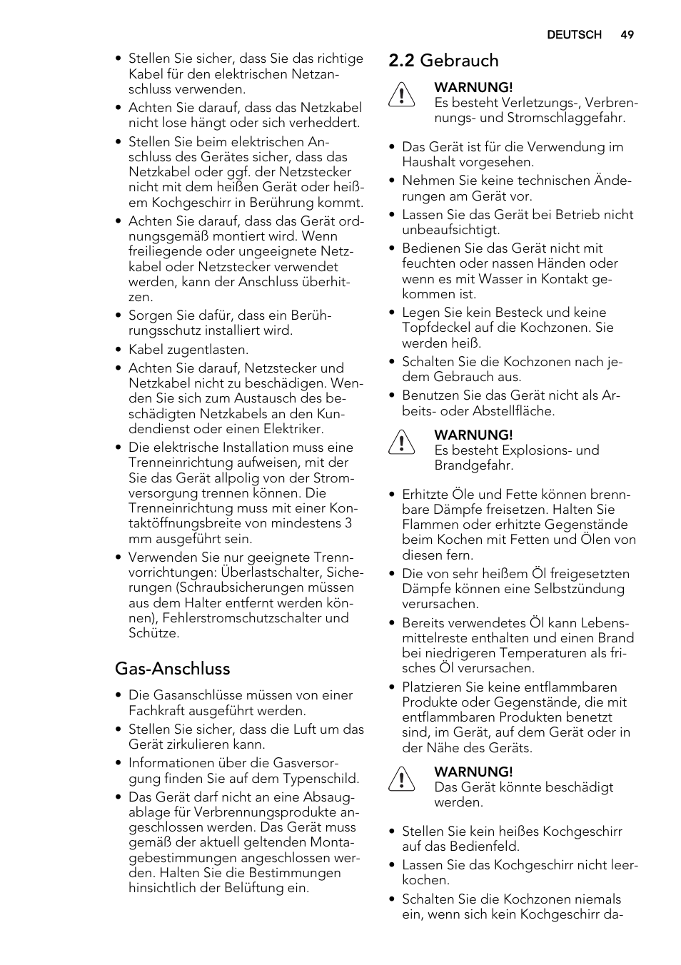 Gas-anschluss, 2 gebrauch | AEG HG654440SM User Manual | Page 49 / 64