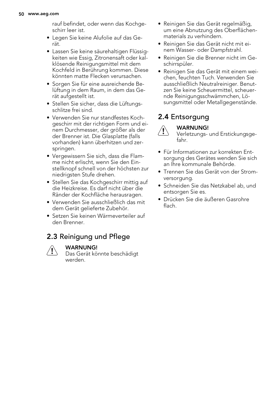 3 reinigung und pflege, 4 entsorgung | AEG HG654440SM User Manual | Page 50 / 64