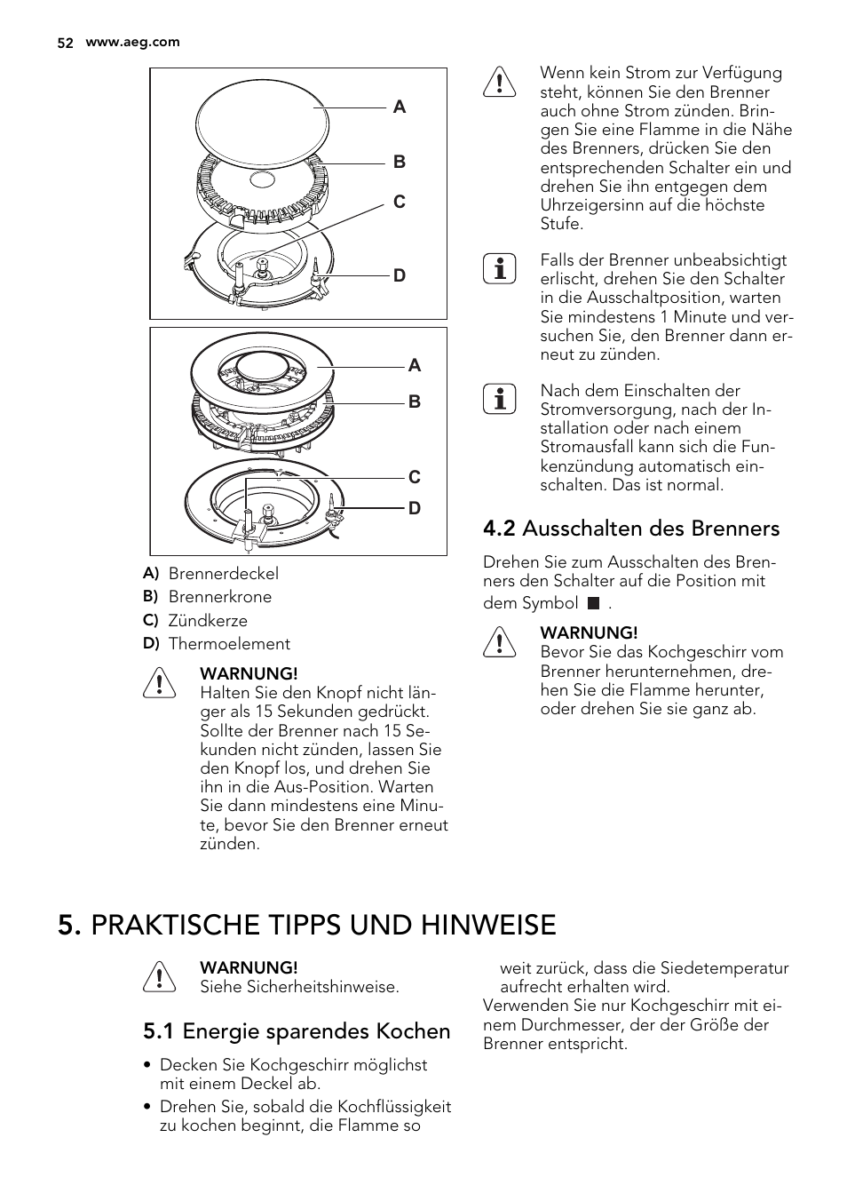 Praktische tipps und hinweise, 2 ausschalten des brenners, 1 energie sparendes kochen | AEG HG654440SM User Manual | Page 52 / 64