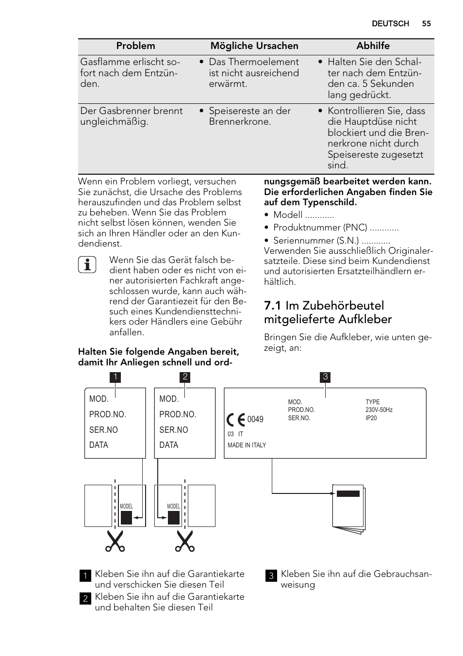 1 im zubehörbeutel mitgelieferte aufkleber | AEG HG654440SM User Manual | Page 55 / 64