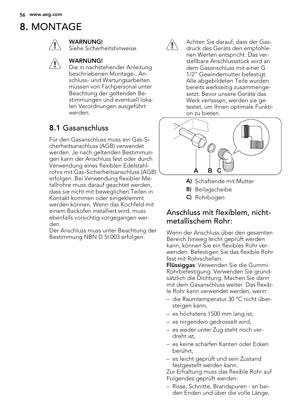Montage, 1 gasanschluss, Anschluss mit flexiblem, nicht- metallischem rohr | AEG HG654440SM User Manual | Page 56 / 64