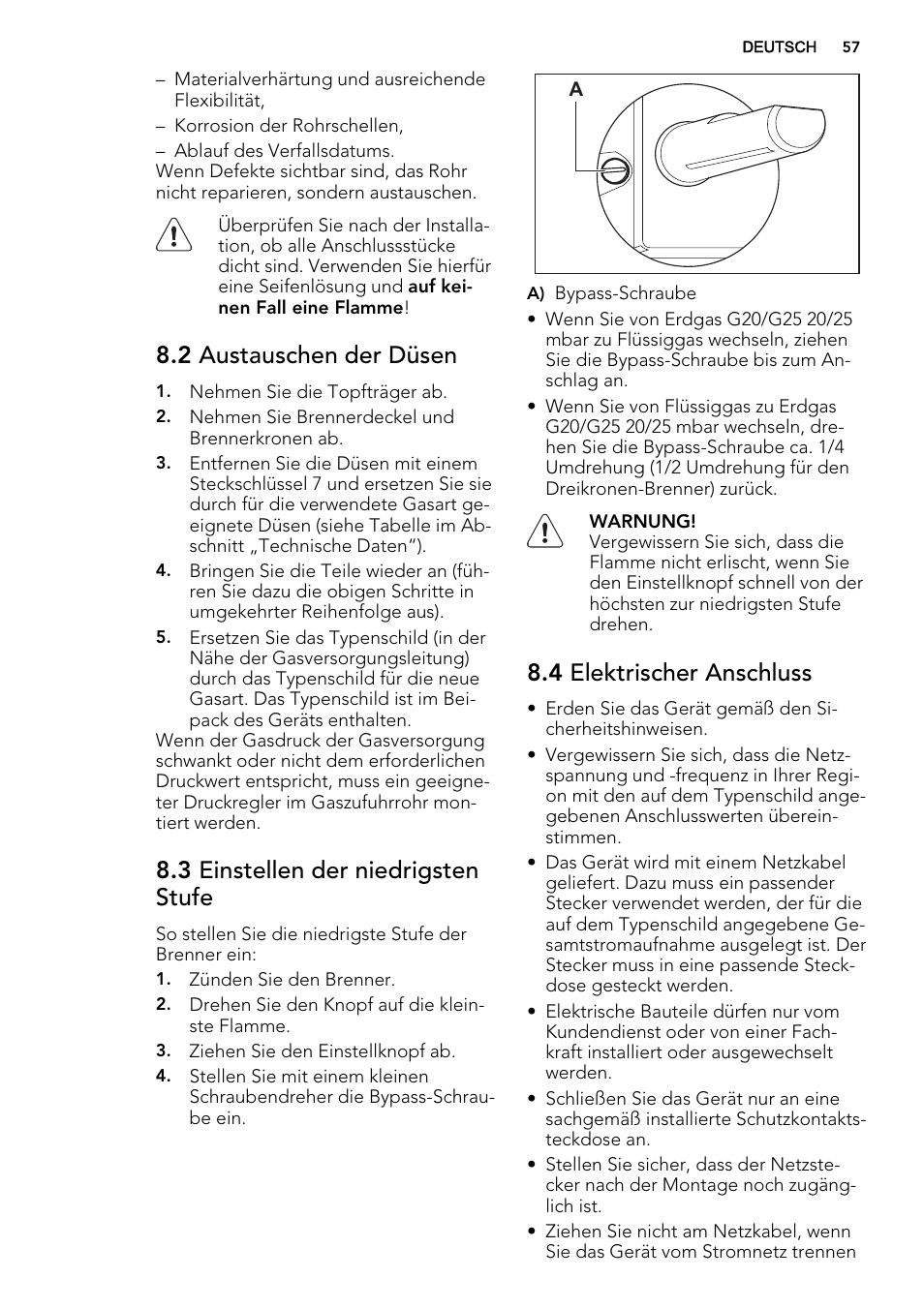 2 austauschen der düsen, 3 einstellen der niedrigsten stufe, 4 elektrischer anschluss | AEG HG654440SM User Manual | Page 57 / 64
