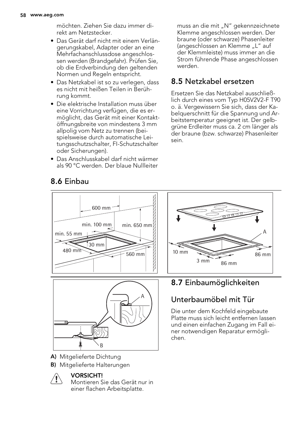 5 netzkabel ersetzen, 6 einbau, 7 einbaumöglichkeiten unterbaumöbel mit tür | AEG HG654440SM User Manual | Page 58 / 64