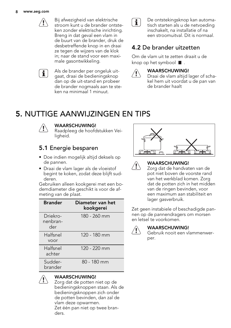 Nuttige aanwijzingen en tips, 2 de brander uitzetten, 1 energie besparen | AEG HG654440SM User Manual | Page 8 / 64