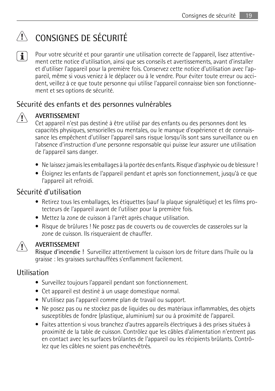 Consignes de sécurité, Sécurité des enfants et des personnes vulnérables, Sécurité d'utilisation | Utilisation | AEG HE604000H User Manual | Page 19 / 44