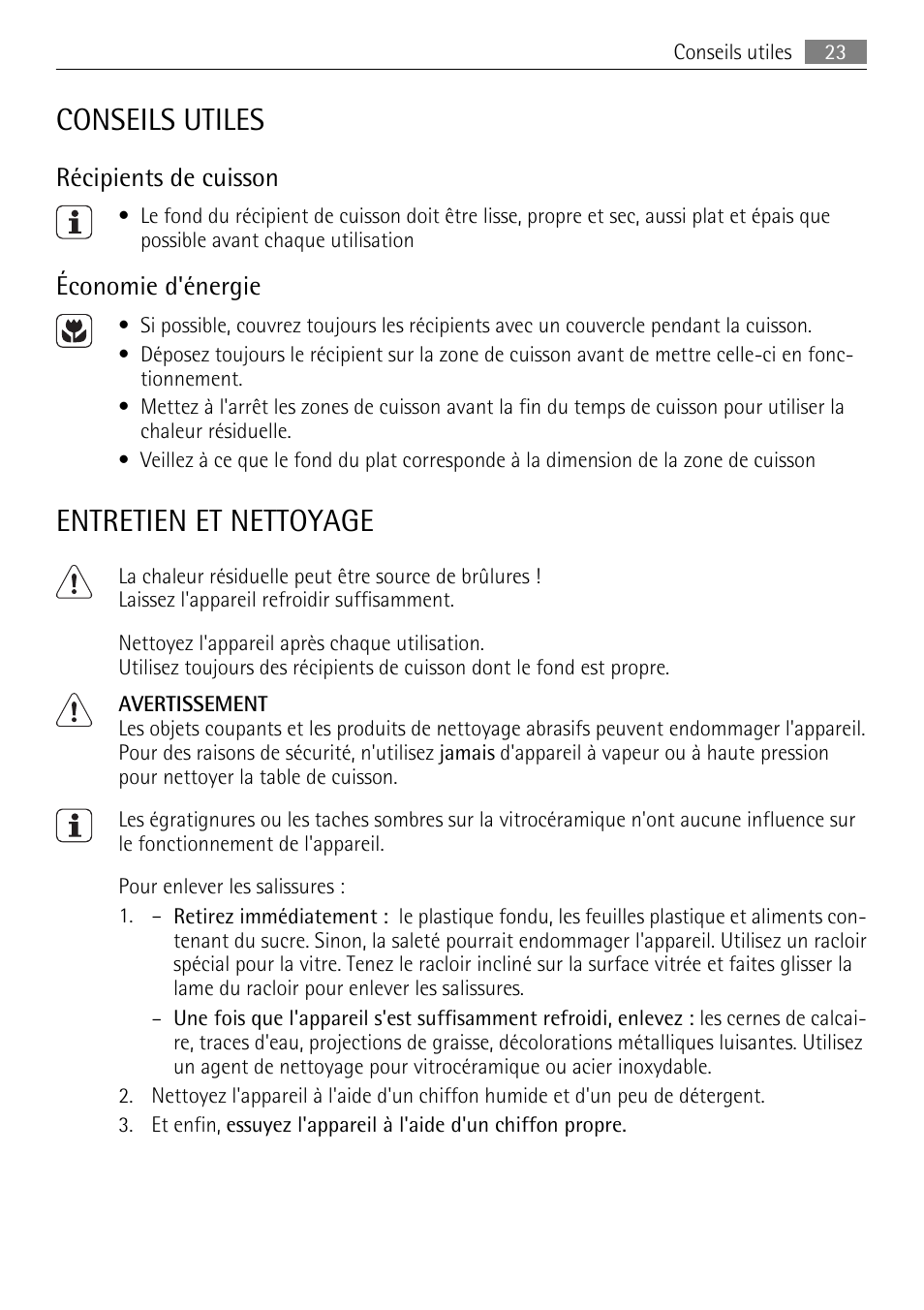 Conseils utiles, Entretien et nettoyage, Récipients de cuisson | Économie d'énergie | AEG HE604000H User Manual | Page 23 / 44