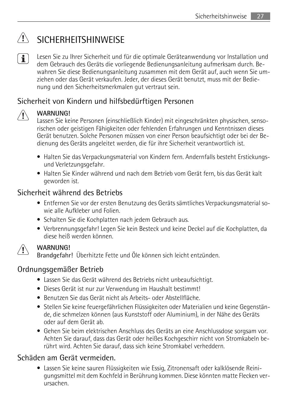 Sicherheitshinweise, Sicherheit während des betriebs, Ordnungsgemäßer betrieb | Schäden am gerät vermeiden | AEG HE604000H User Manual | Page 27 / 44