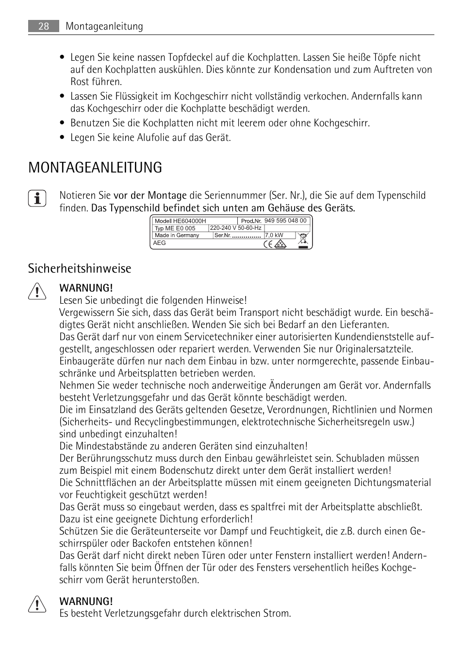Montageanleitung, Sicherheitshinweise | AEG HE604000H User Manual | Page 28 / 44