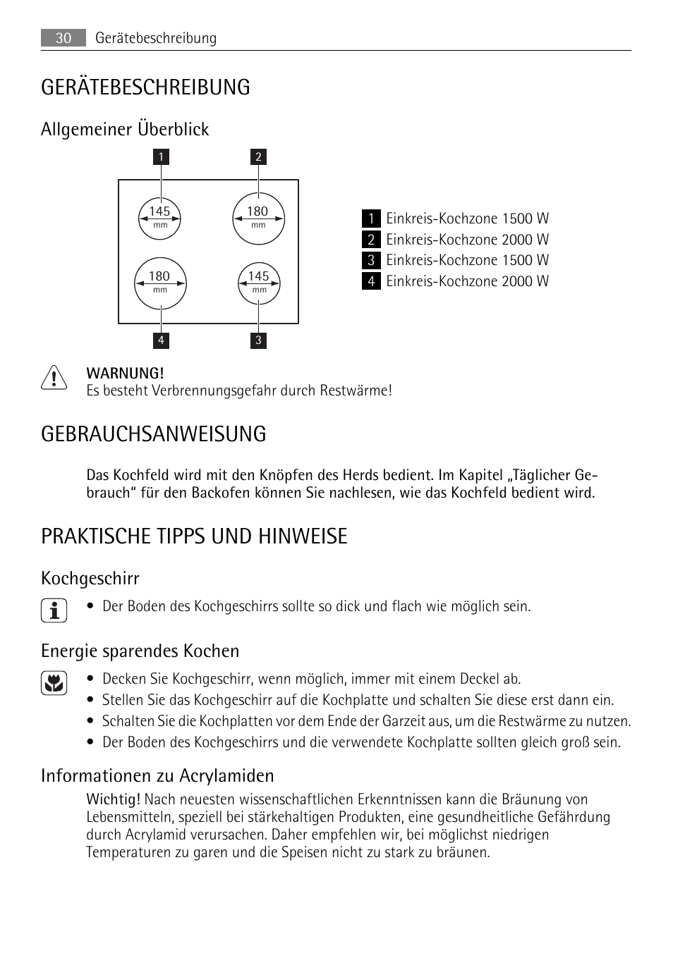 Gerätebeschreibung, Gebrauchsanweisung, Praktische tipps und hinweise | Allgemeiner überblick, Kochgeschirr, Energie sparendes kochen, Informationen zu acrylamiden | AEG HE604000H User Manual | Page 30 / 44