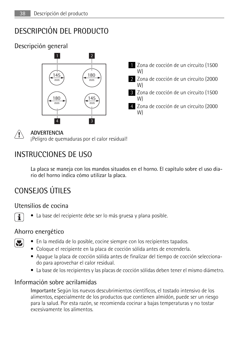 Descripción del producto, Instrucciones de uso, Consejos útiles | Descripción general, Utensilios de cocina, Ahorro energético, Información sobre acrilamidas | AEG HE604000H User Manual | Page 38 / 44
