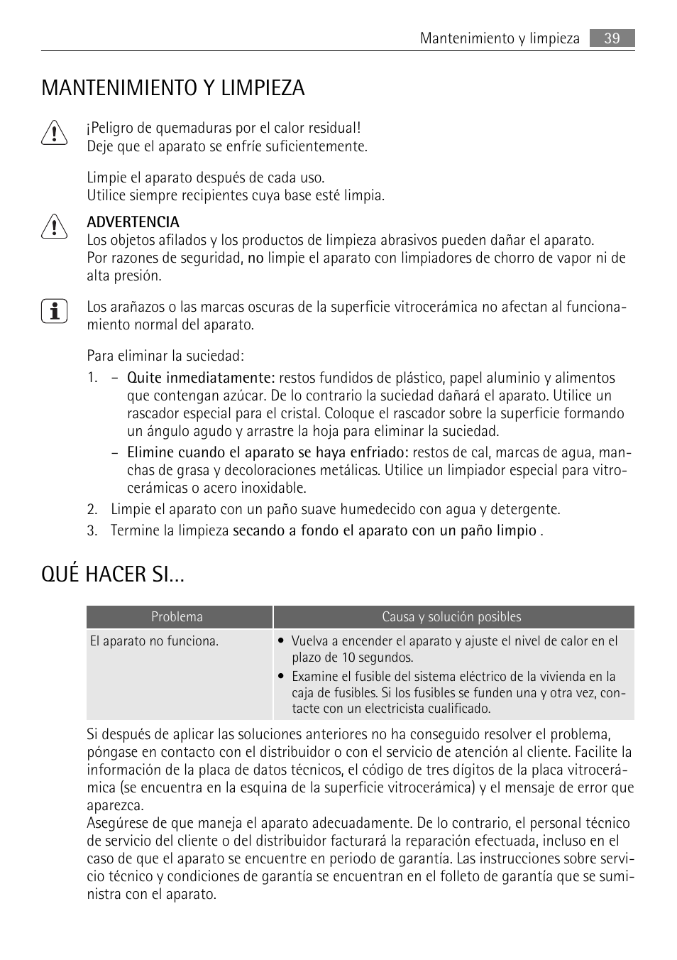 Mantenimiento y limpieza, Qué hacer si | AEG HE604000H User Manual | Page 39 / 44