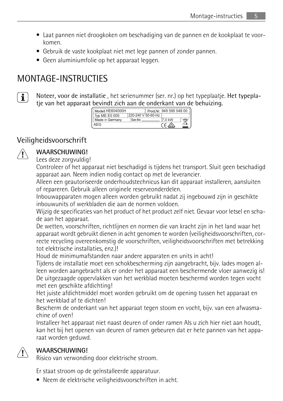 Montage-instructies, Veiligheidsvoorschrift | AEG HE604000H User Manual | Page 5 / 44