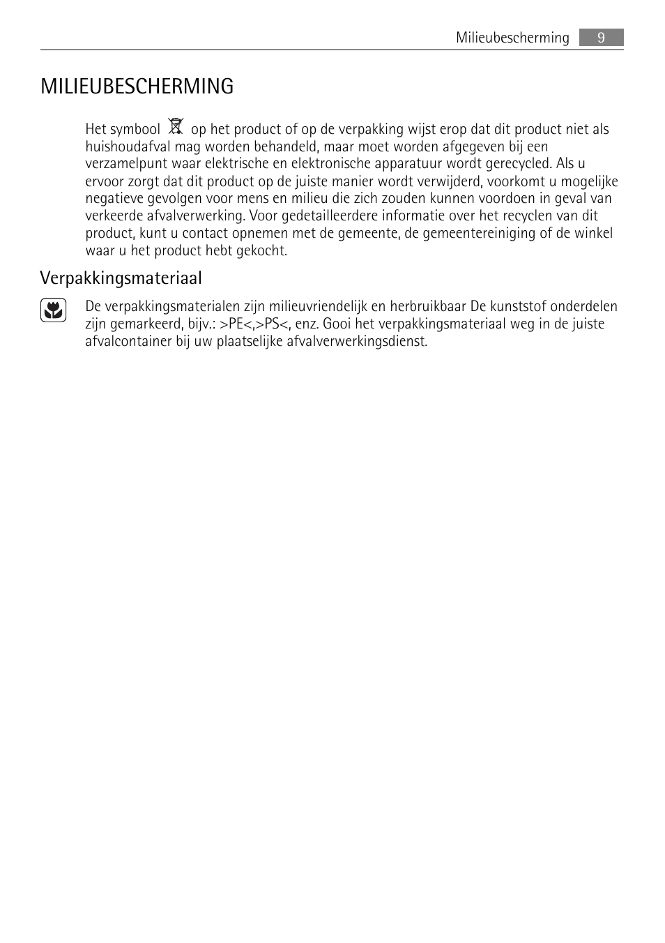 Milieubescherming, Verpakkingsmateriaal | AEG HE604000H User Manual | Page 9 / 44
