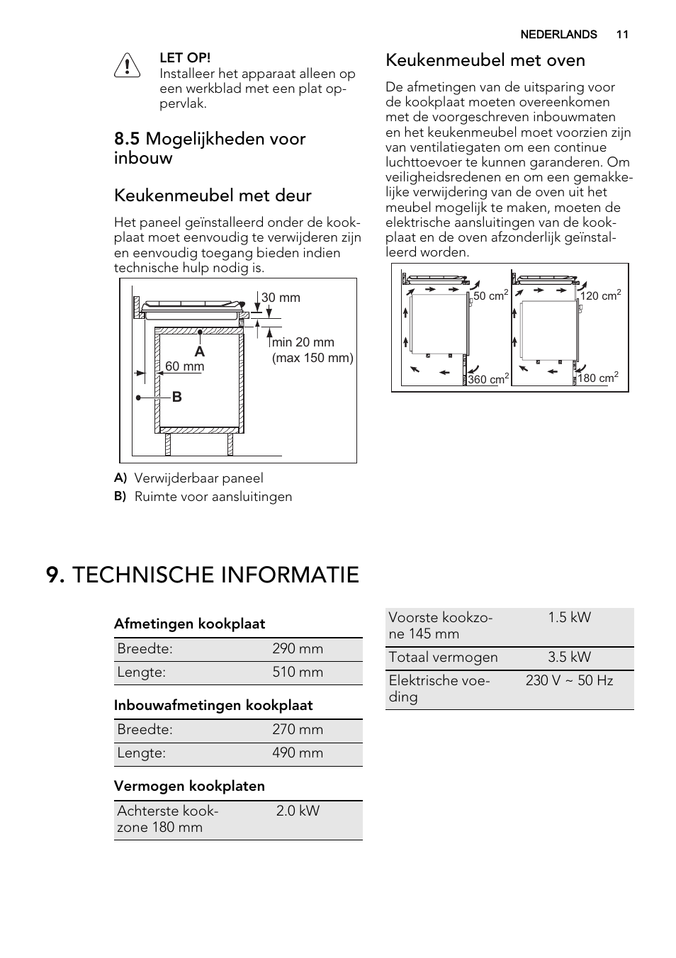 Technische informatie, 5 mogelijkheden voor inbouw keukenmeubel met deur, Keukenmeubel met oven | AEG HK312000H User Manual | Page 11 / 48