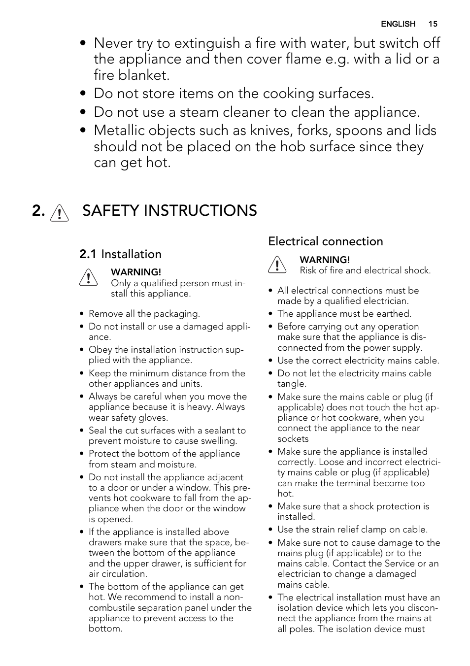 Safety instructions, 1 installation, Electrical connection | AEG HK312000H User Manual | Page 15 / 48