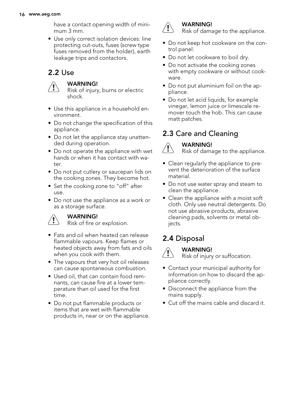 2 use, 3 care and cleaning, 4 disposal | AEG HK312000H User Manual | Page 16 / 48