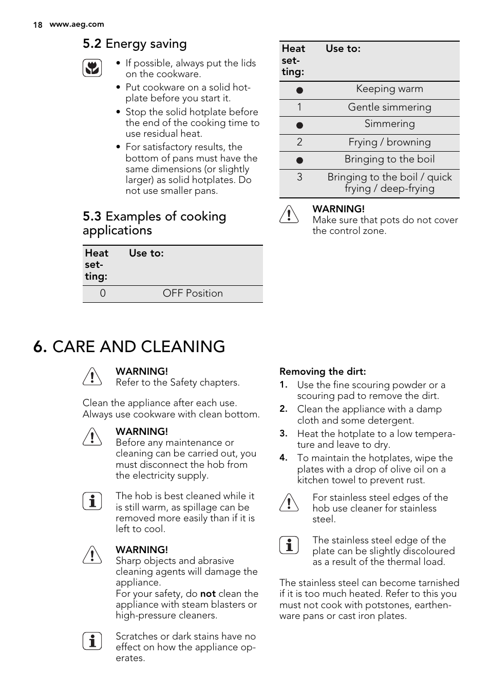 Care and cleaning, 2 energy saving, 3 examples of cooking applications | AEG HK312000H User Manual | Page 18 / 48