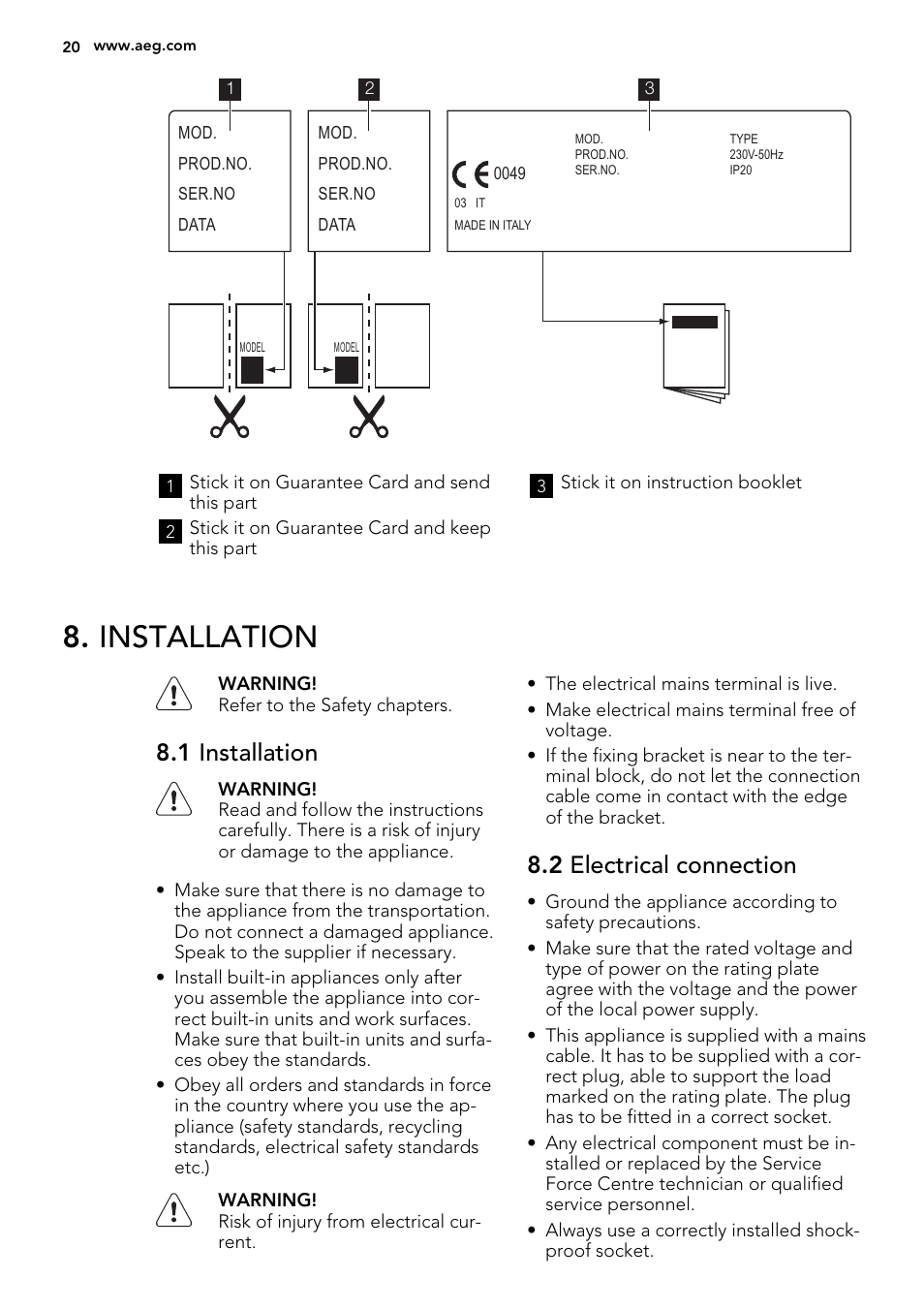 Installation, 1 installation, 2 electrical connection | AEG HK312000H User Manual | Page 20 / 48