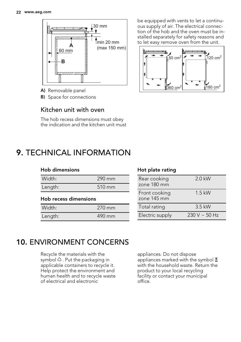 Technical information, Environment concerns, Kitchen unit with oven | AEG HK312000H User Manual | Page 22 / 48