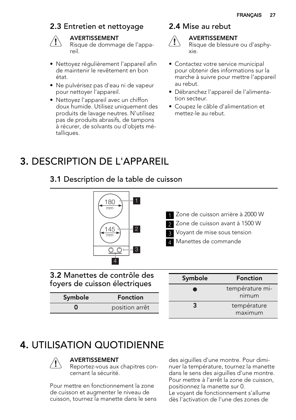 Description de l'appareil, Utilisation quotidienne, 3 entretien et nettoyage | 4 mise au rebut, 1 description de la table de cuisson | AEG HK312000H User Manual | Page 27 / 48