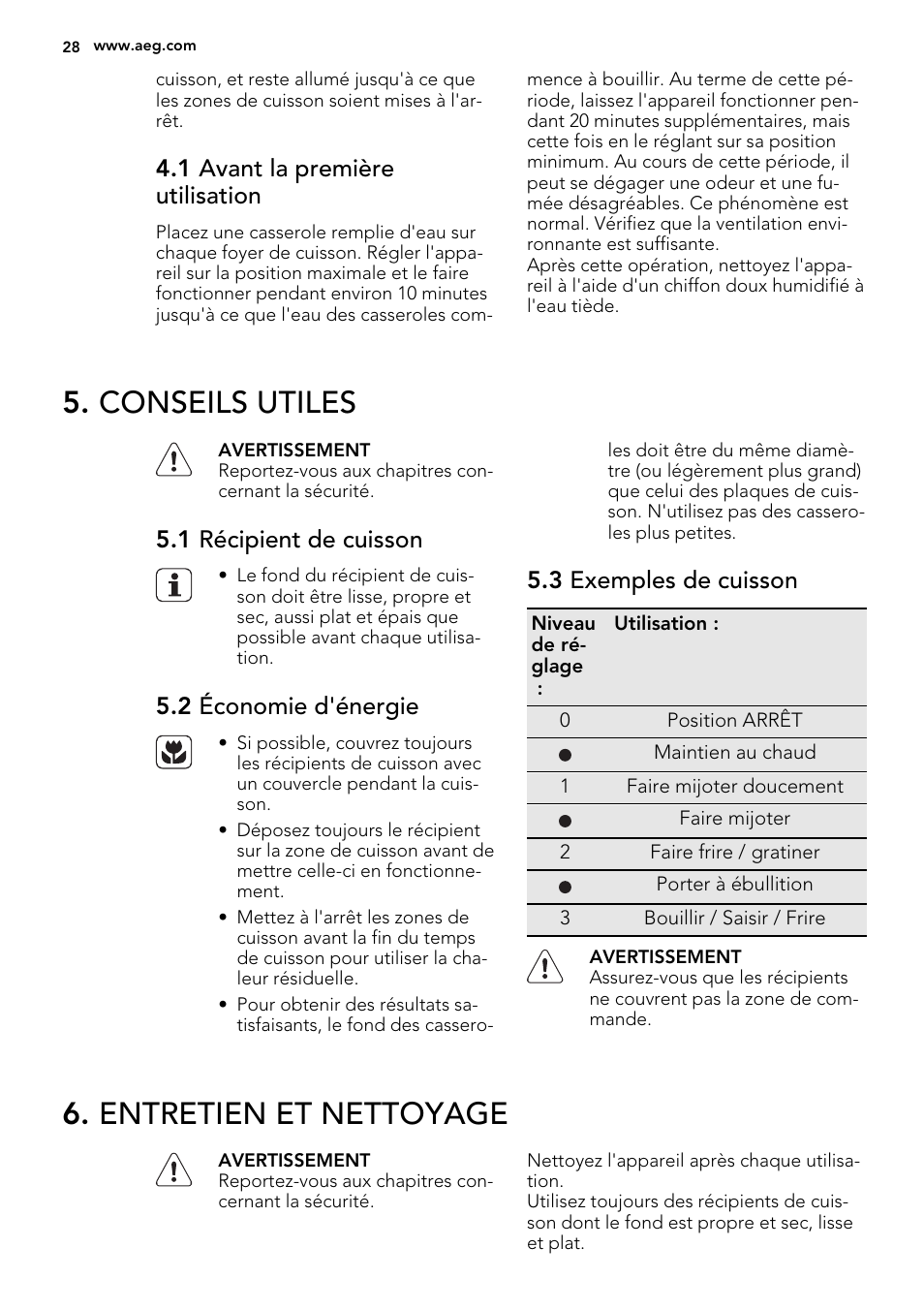 Conseils utiles, Entretien et nettoyage, 1 avant la première utilisation | 1 récipient de cuisson, 2 économie d'énergie, 3 exemples de cuisson | AEG HK312000H User Manual | Page 28 / 48