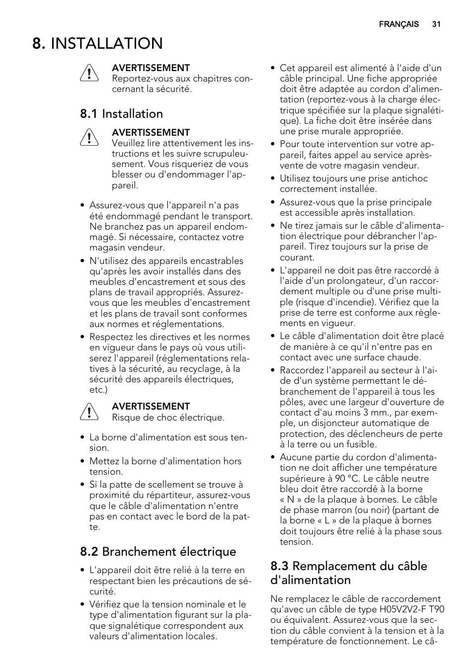 Installation, 1 installation, 2 branchement électrique | 3 remplacement du câble d'alimentation | AEG HK312000H User Manual | Page 31 / 48