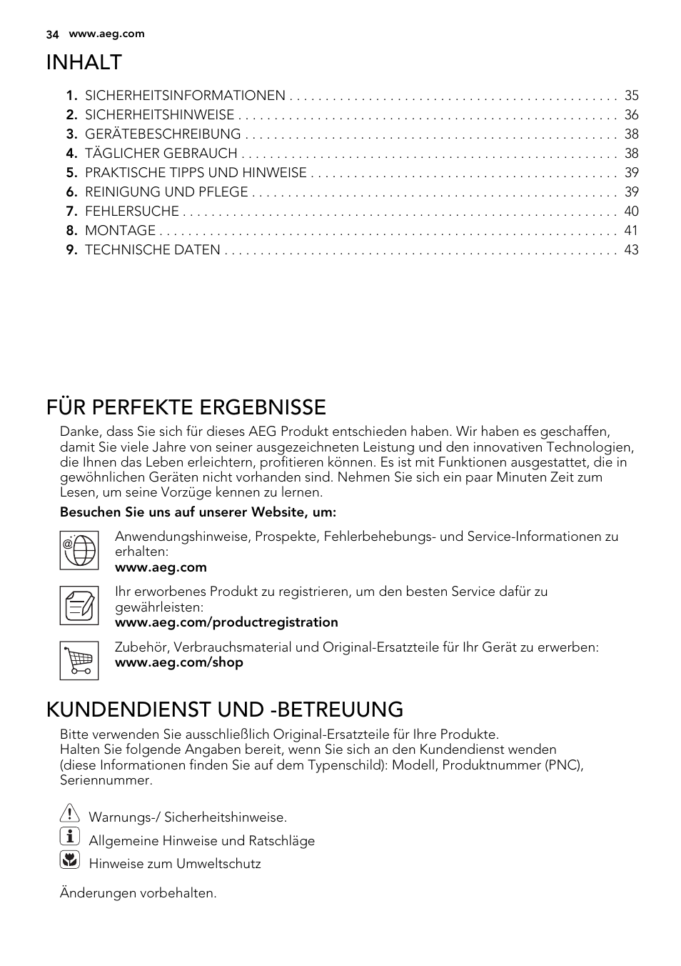 Inhalt, Für perfekte ergebnisse, Kundendienst und -betreuung | AEG HK312000H User Manual | Page 34 / 48