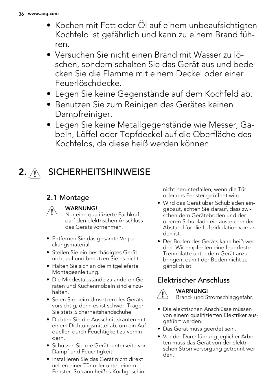 Sicherheitshinweise | AEG HK312000H User Manual | Page 36 / 48