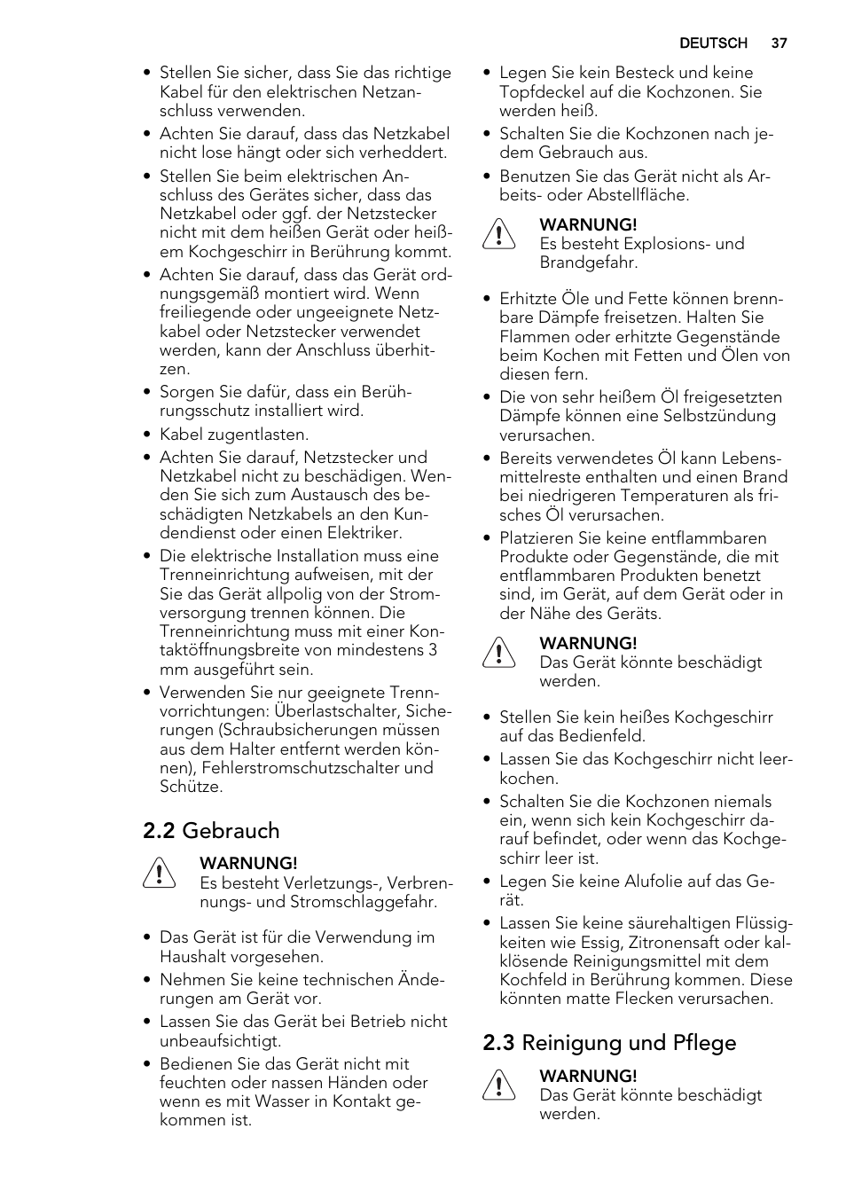 2 gebrauch, 3 reinigung und pflege | AEG HK312000H User Manual | Page 37 / 48
