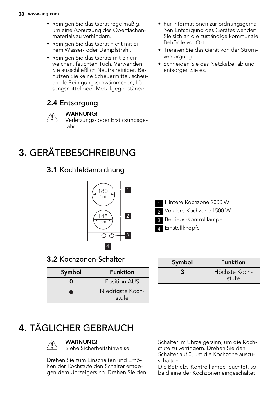 Gerätebeschreibung, Täglicher gebrauch, 4 entsorgung | 1 kochfeldanordnung, 2 kochzonen-schalter | AEG HK312000H User Manual | Page 38 / 48