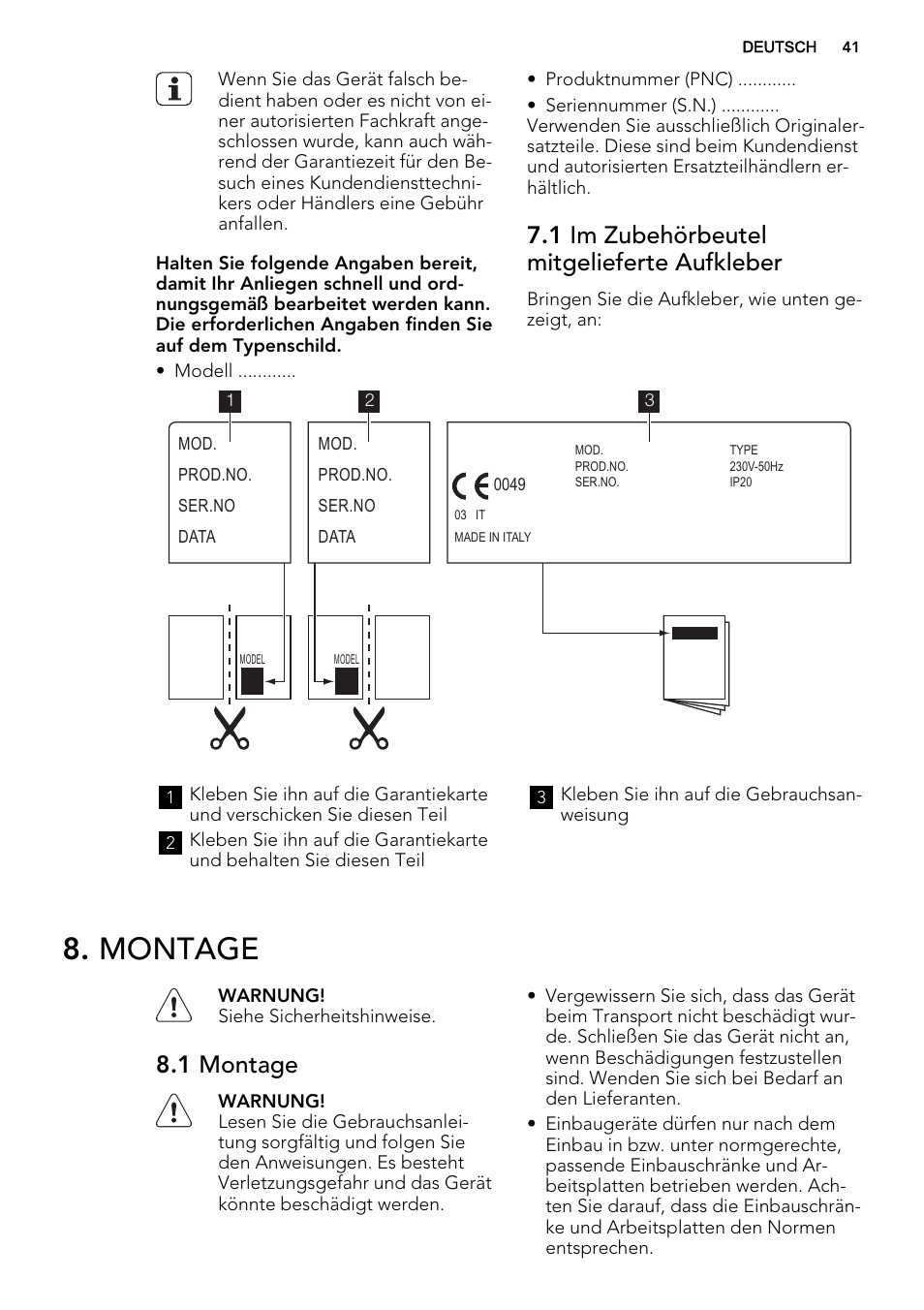 Montage, 1 im zubehörbeutel mitgelieferte aufkleber, 1 montage | AEG HK312000H User Manual | Page 41 / 48