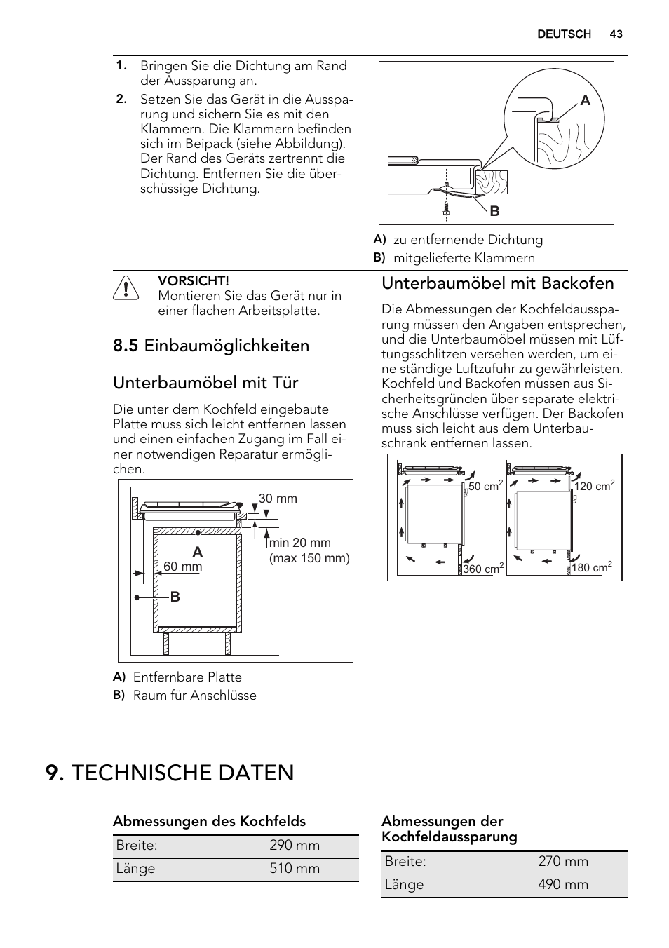 Technische daten, 5 einbaumöglichkeiten unterbaumöbel mit tür, Unterbaumöbel mit backofen | AEG HK312000H User Manual | Page 43 / 48