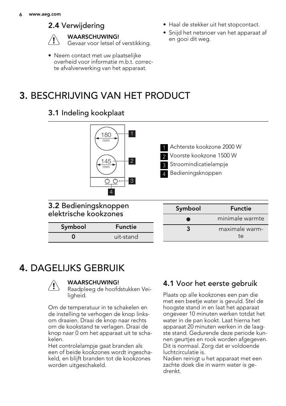 Beschrijving van het product, Dagelijks gebruik, 4 verwijdering | 1 indeling kookplaat, 2 bedieningsknoppen elektrische kookzones, 1 voor het eerste gebruik | AEG HK312000H User Manual | Page 6 / 48