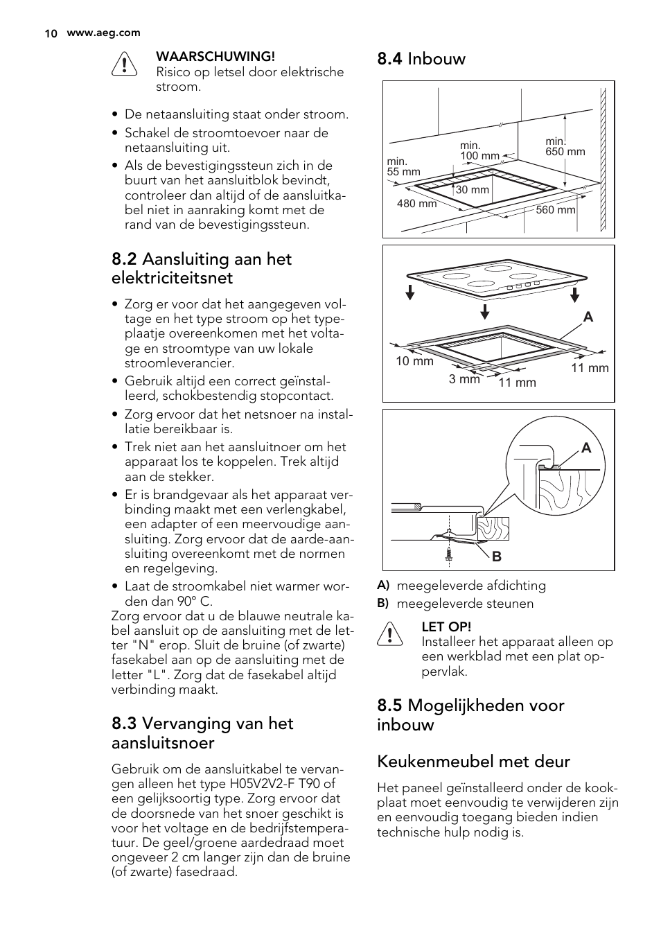 2 aansluiting aan het elektriciteitsnet, 3 vervanging van het aansluitsnoer, 4 inbouw | 5 mogelijkheden voor inbouw keukenmeubel met deur | AEG HK614000H User Manual | Page 10 / 44