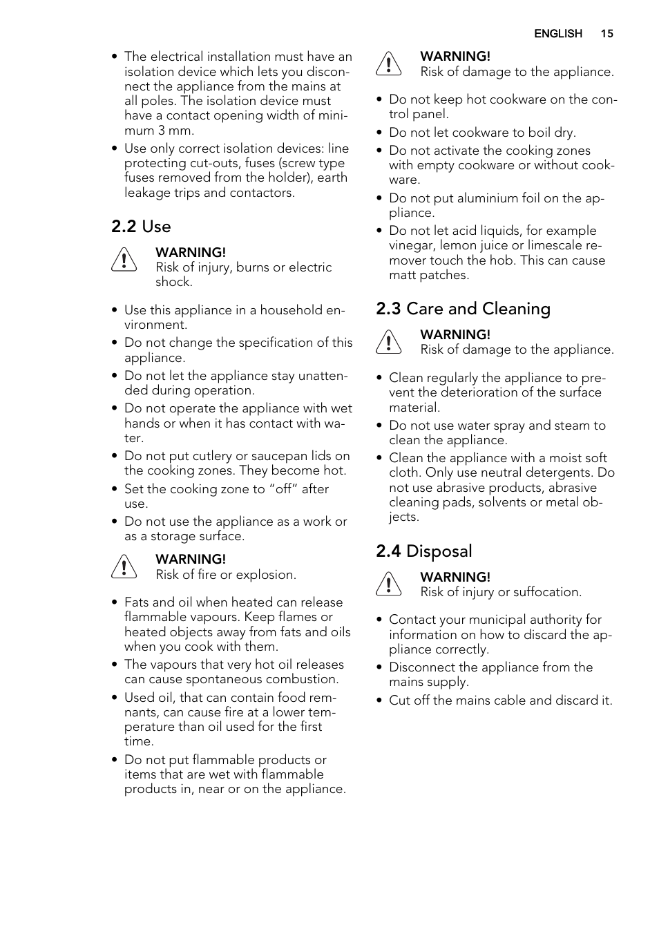 2 use, 3 care and cleaning, 4 disposal | AEG HK614000H User Manual | Page 15 / 44