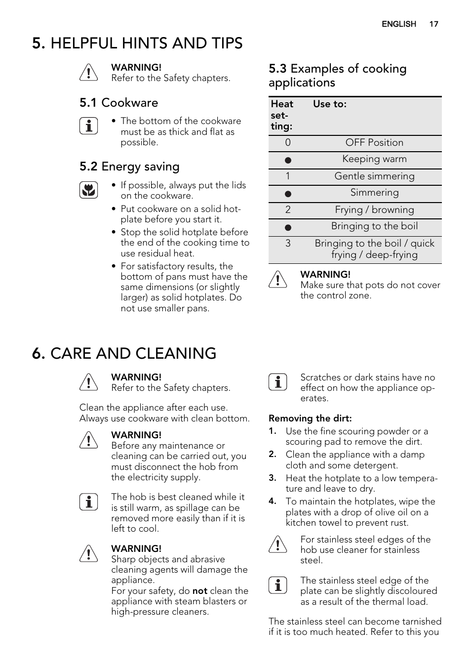 Helpful hints and tips, Care and cleaning, 1 cookware | 2 energy saving, 3 examples of cooking applications | AEG HK614000H User Manual | Page 17 / 44