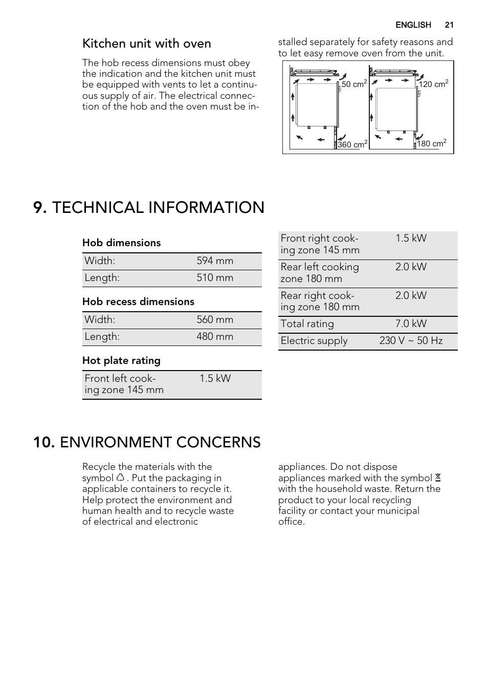 Technical information, Environment concerns, Kitchen unit with oven | AEG HK614000H User Manual | Page 21 / 44