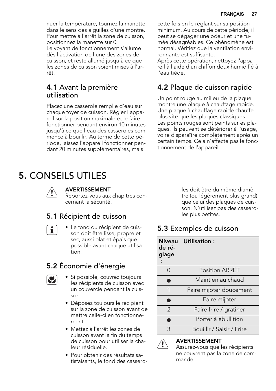 Conseils utiles, 1 avant la première utilisation, 2 plaque de cuisson rapide | 1 récipient de cuisson, 2 économie d'énergie, 3 exemples de cuisson | AEG HK614000H User Manual | Page 27 / 44