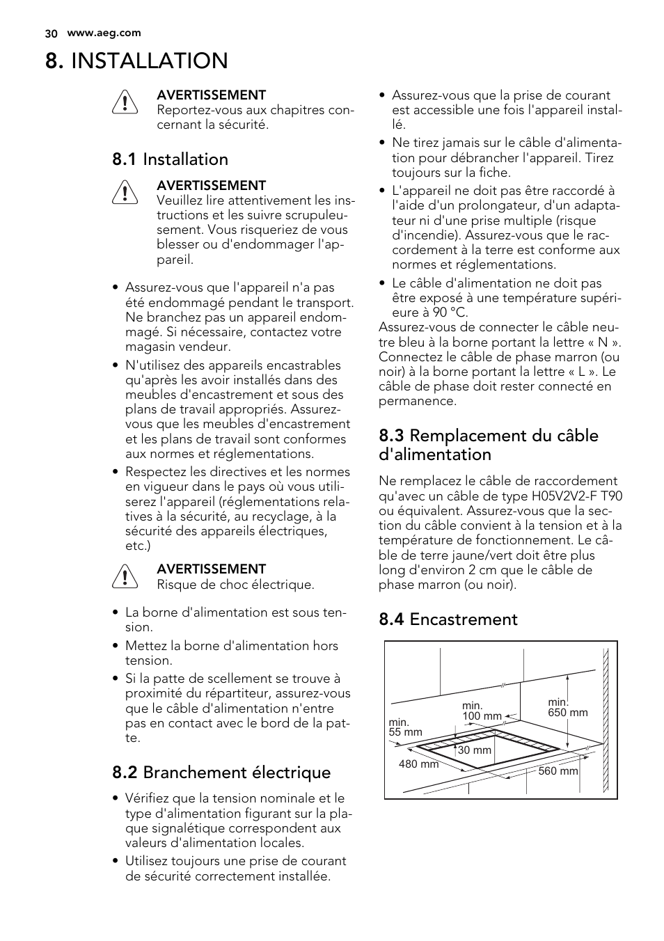 Installation, 1 installation, 2 branchement électrique | 3 remplacement du câble d'alimentation, 4 encastrement | AEG HK614000H User Manual | Page 30 / 44