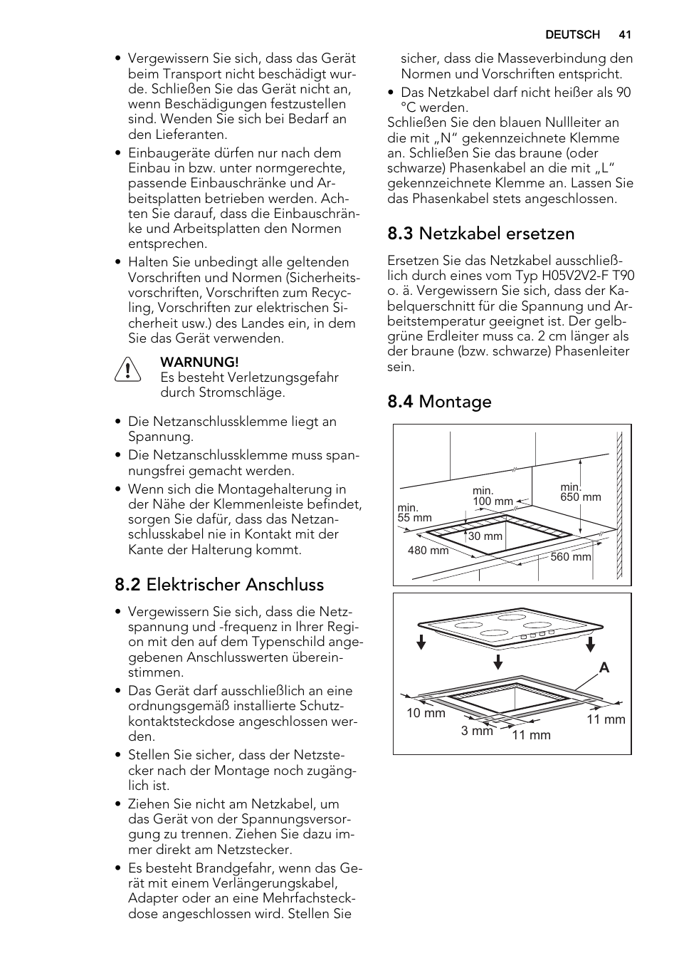 2 elektrischer anschluss, 3 netzkabel ersetzen, 4 montage | AEG HK614000H User Manual | Page 41 / 44