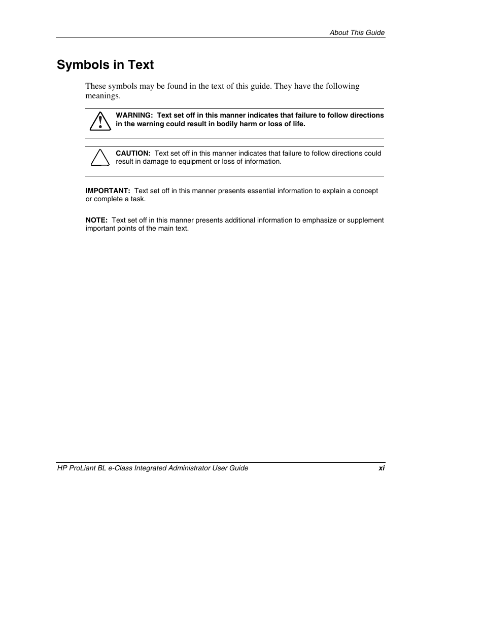 Symbols in text | HP ProLiant BL10e G2 Server Blade User Manual | Page 11 / 232