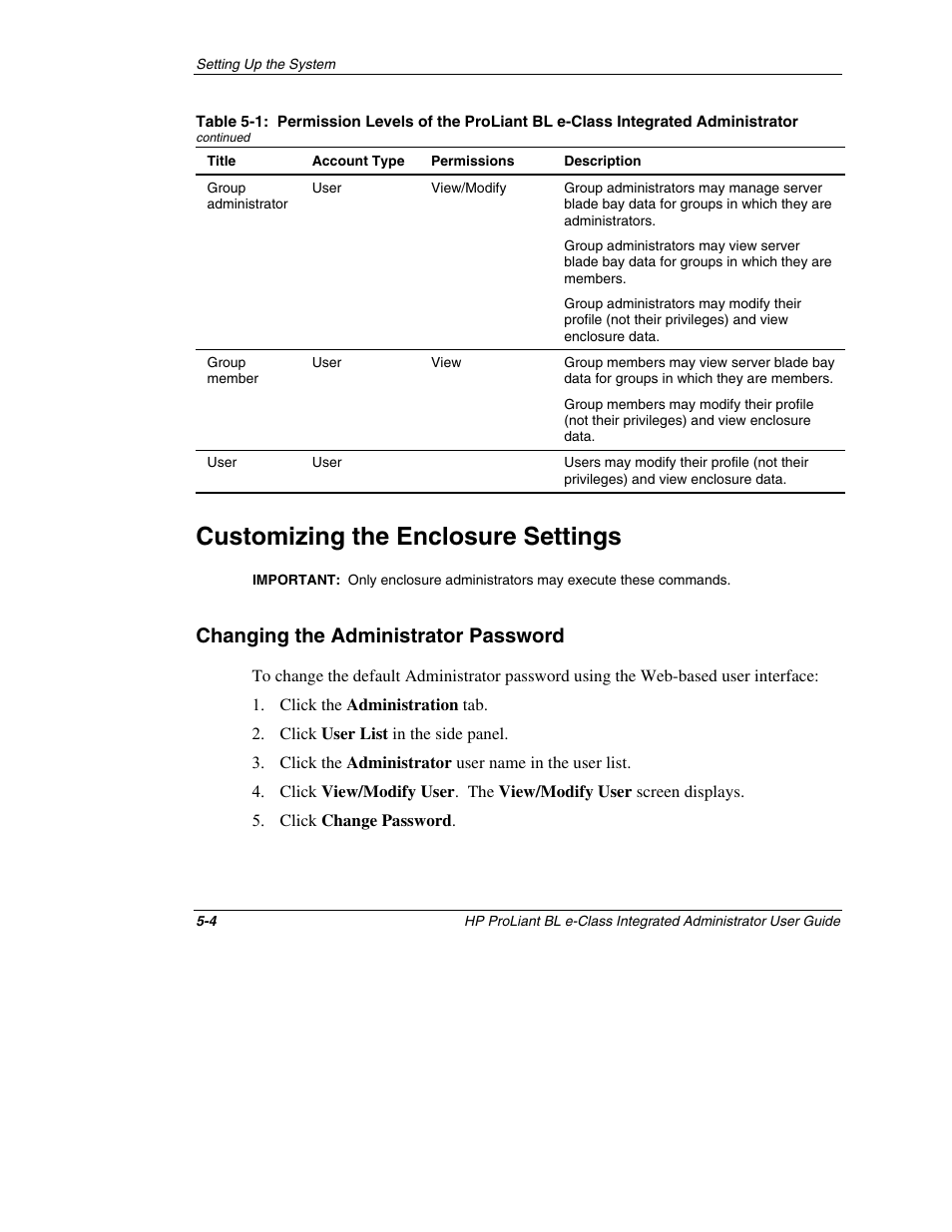 Customizing the enclosure settings, Changing the administrator password, Customizing the enclosure settings -4 | Changing the administrator password -4 | HP ProLiant BL10e G2 Server Blade User Manual | Page 119 / 232