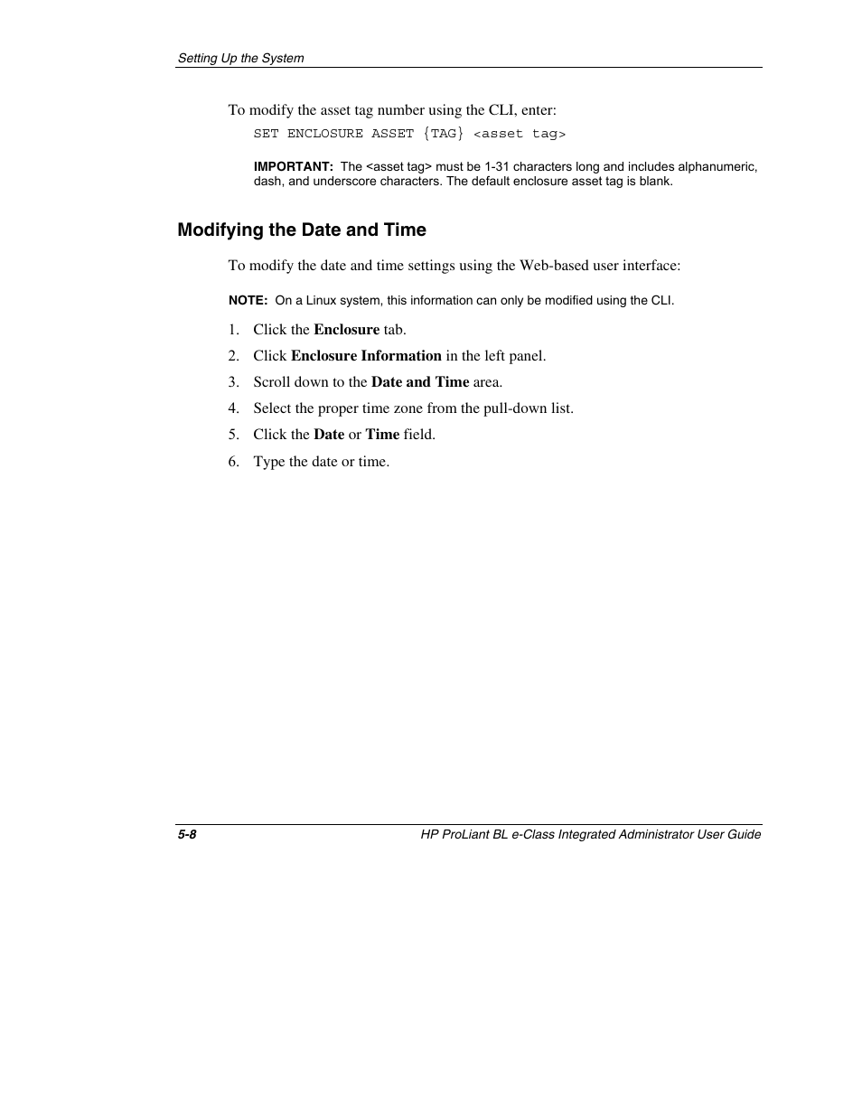 Modifying the date and time, Modifying the date and time -8 | HP ProLiant BL10e G2 Server Blade User Manual | Page 123 / 232