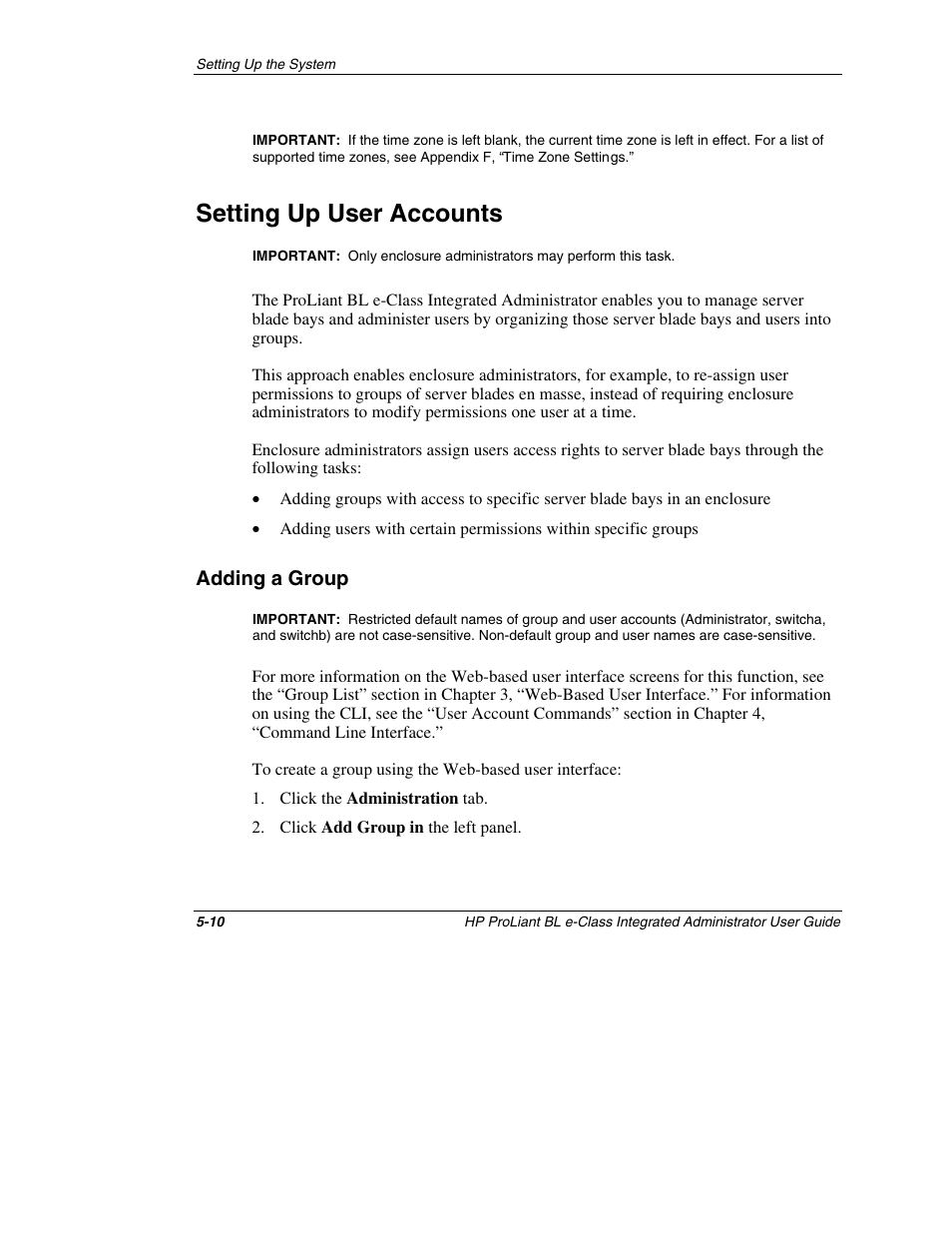Setting up user accounts, Adding a group, Setting up user accounts -10 | Adding a group -10 | HP ProLiant BL10e G2 Server Blade User Manual | Page 125 / 232