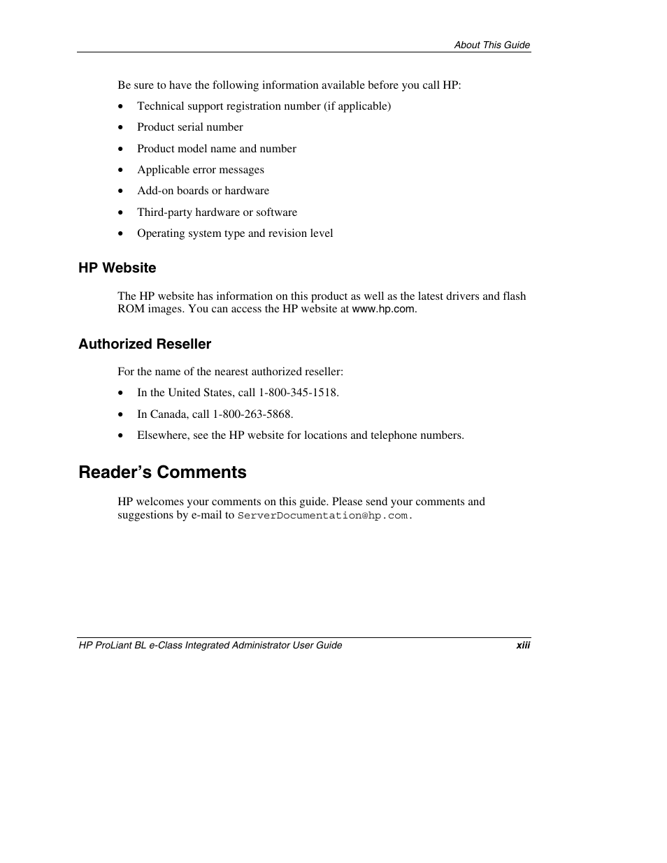 Hp website, Authorized reseller, Reader’s comments | HP ProLiant BL10e G2 Server Blade User Manual | Page 13 / 232