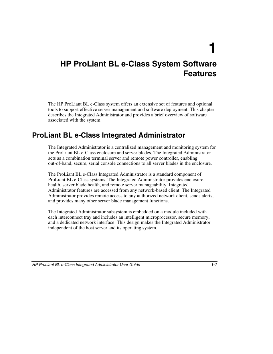 Proliant bl e-class integrated administrator, Chapter 1, Hp proliant bl e-class system software features | Proliant bl e-class integrated administrator -1 | HP ProLiant BL10e G2 Server Blade User Manual | Page 14 / 232