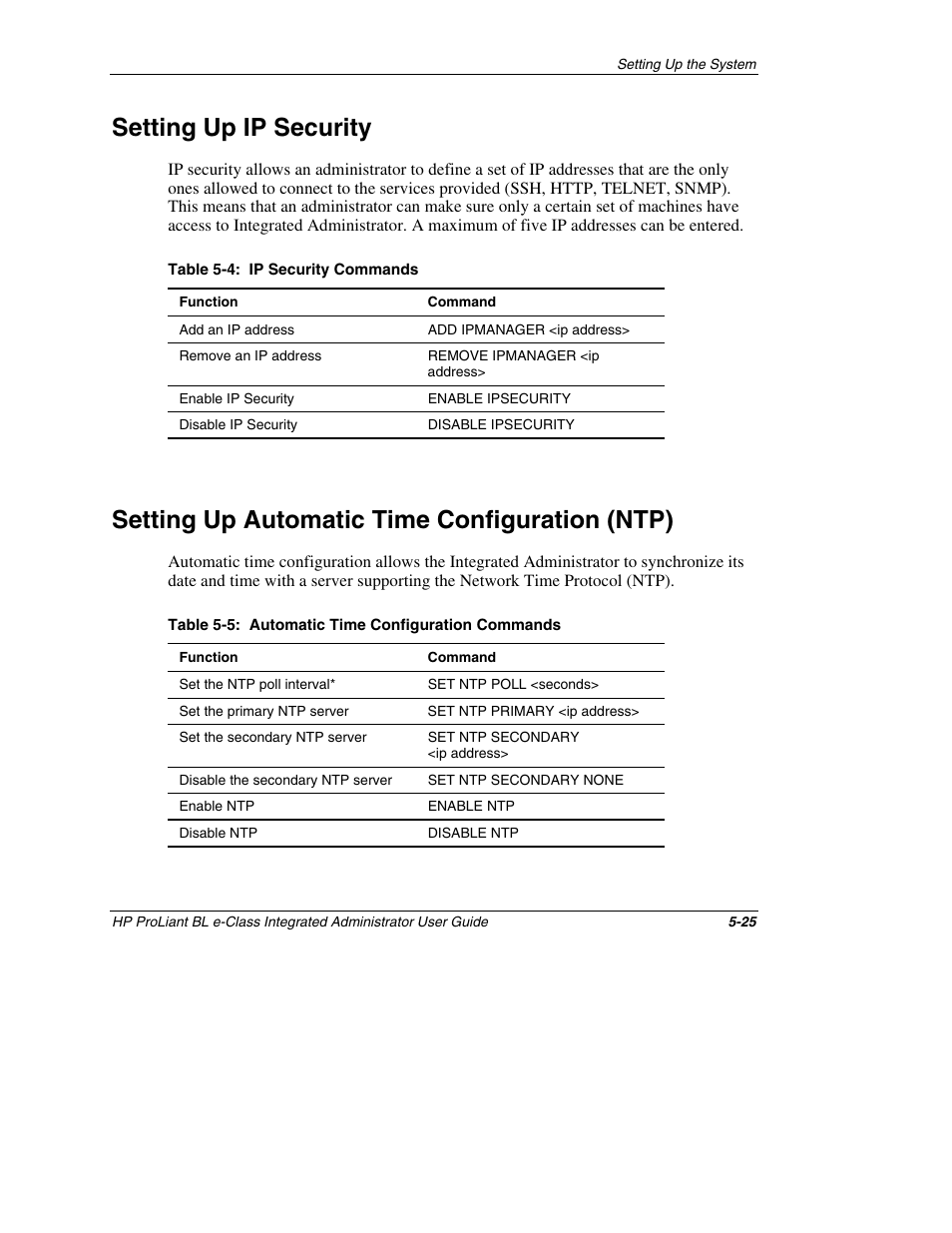 Setting up ip security, Setting up automatic time configuration (ntp), Setting up ip security -25 | Setting up automatic time configuration (ntp) -25 | HP ProLiant BL10e G2 Server Blade User Manual | Page 140 / 232