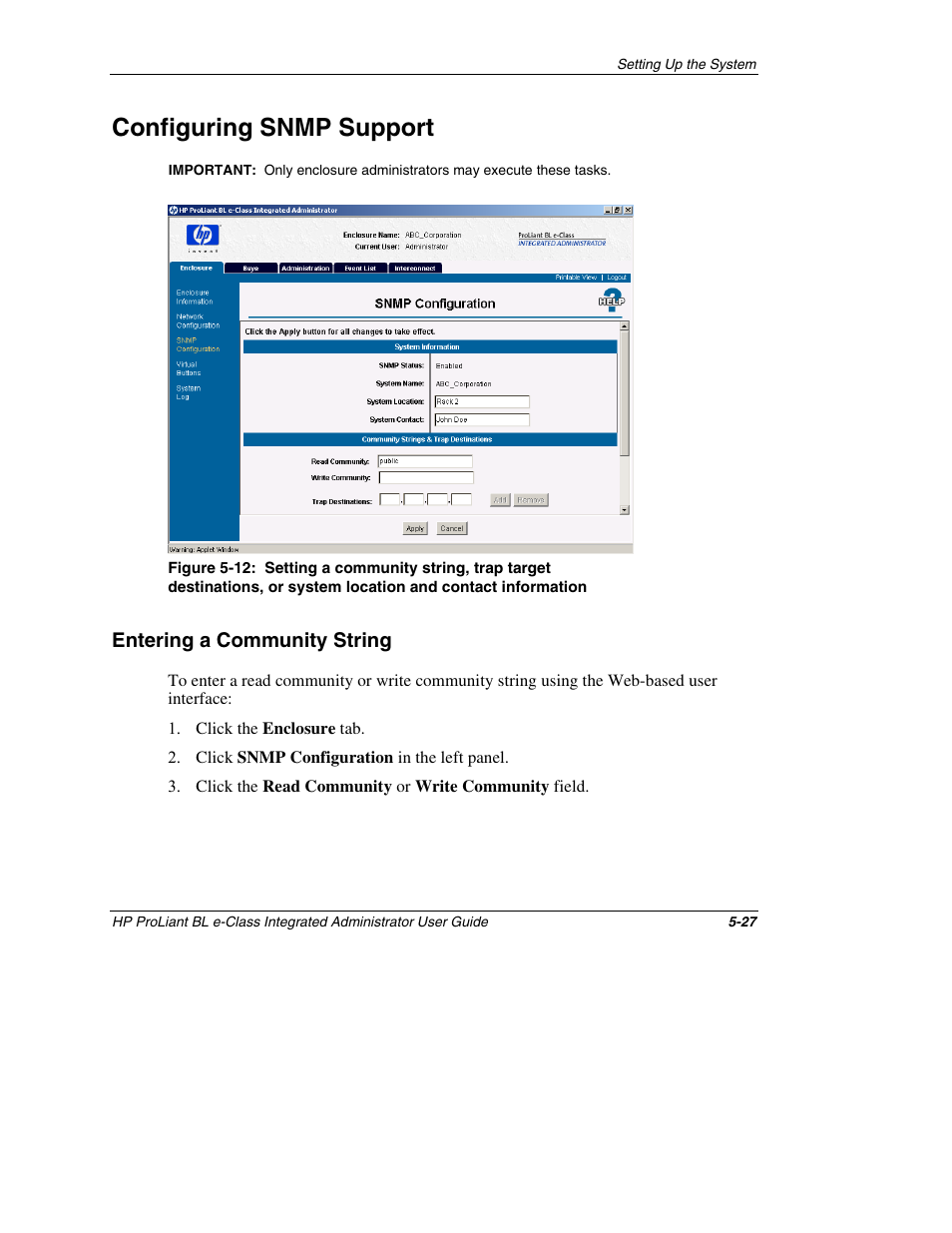 Configuring snmp support, Entering a community string, Configuring snmp support -27 | Entering a community string -27 | HP ProLiant BL10e G2 Server Blade User Manual | Page 142 / 232