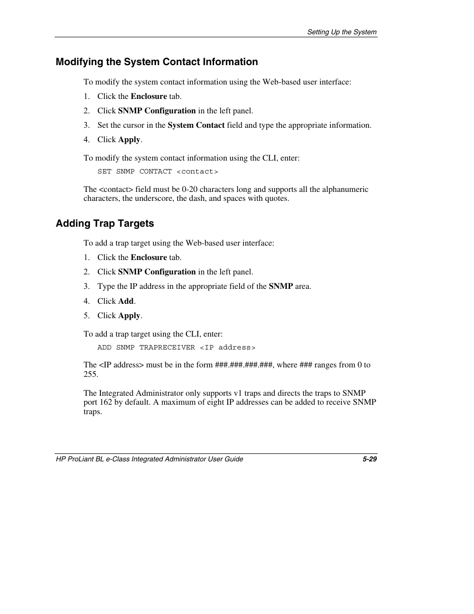 Modifying the system contact information, Adding trap targets, Modifying the system contact information -29 | Adding trap targets -29 | HP ProLiant BL10e G2 Server Blade User Manual | Page 144 / 232